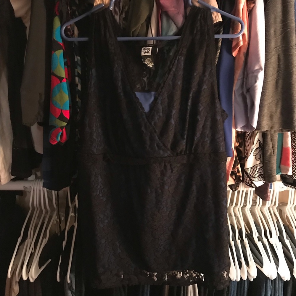 Black overlay blue lace back tie v-neck top